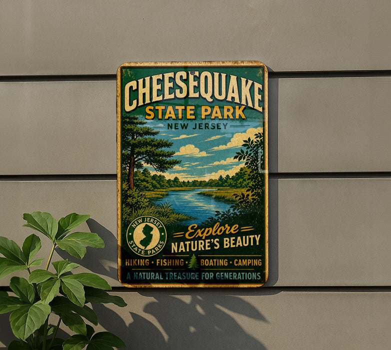 A vintage-style metal sign for Cheesecake State Park in New Jersey, featuring a scenic landscape with a river and trees.