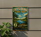 A vintage-style metal sign for Cheesecake State Park in New Jersey, featuring a scenic landscape with a river and trees.