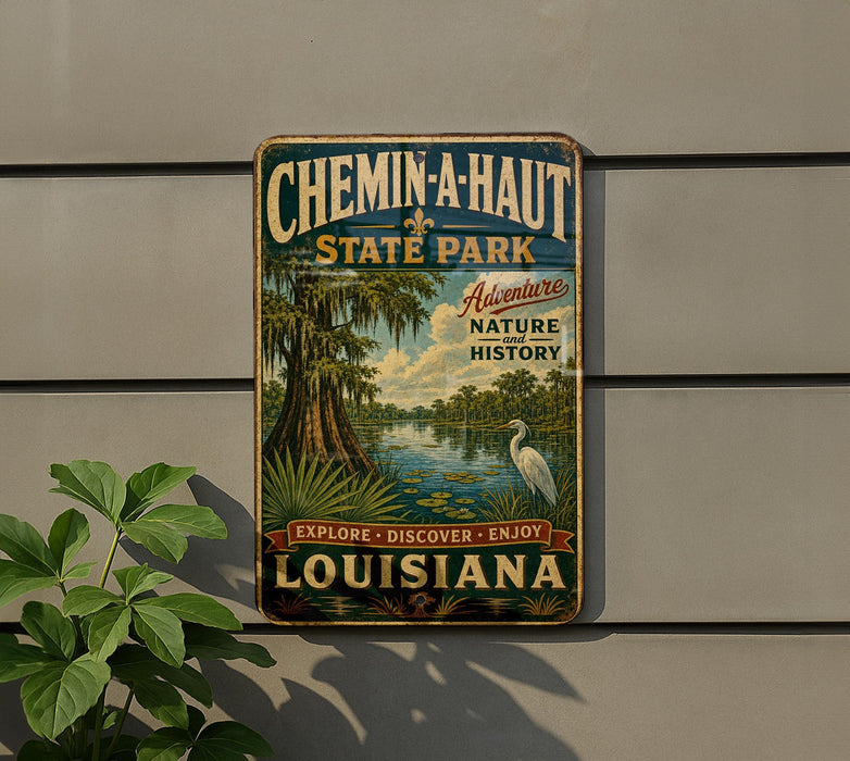 A vintage-style metal sign for Chemin-a-Haut State Park, featuring a lush tropical landscape with a white heron in the foreground.