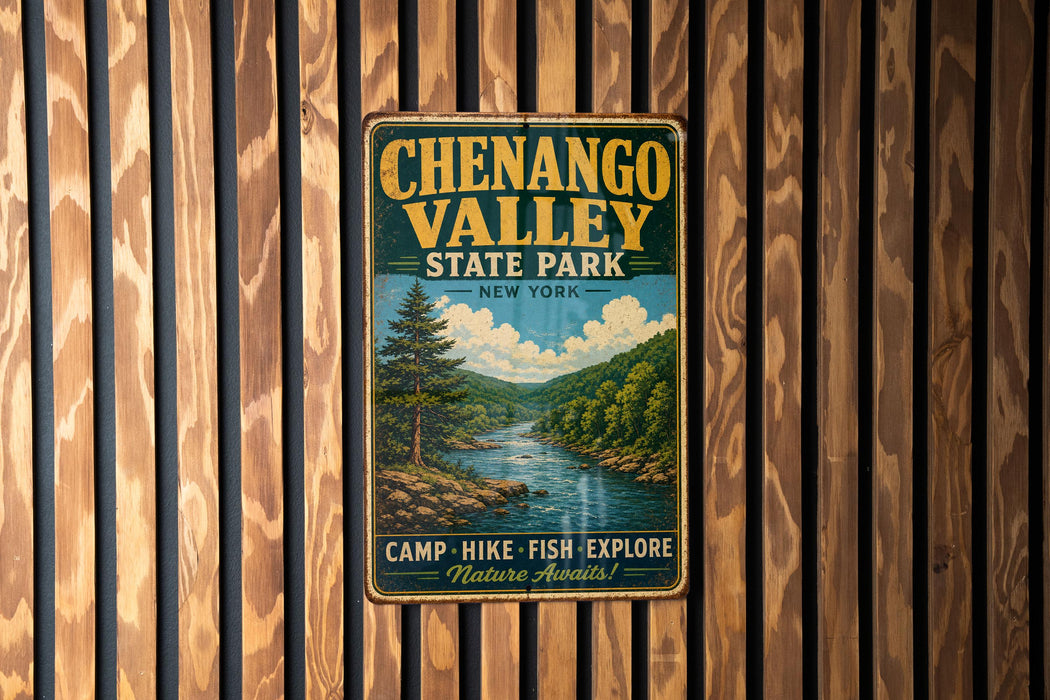A vintage metal sign for Chenango Valley State Park, featuring a scenic illustration of a river and forest landscape.