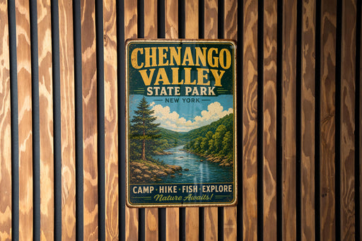 A vintage metal sign for Chenango Valley State Park, featuring a scenic illustration of a river and forest landscape.