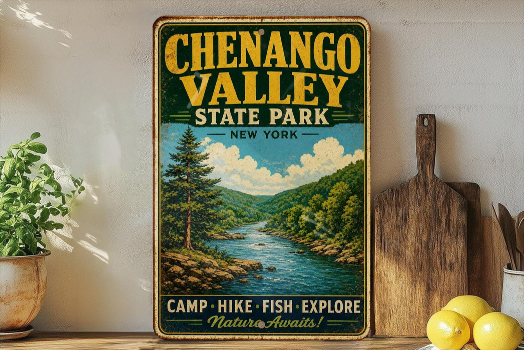 A vintage-style sign for Chenango Valley State Park in New York, featuring a scenic illustration of a river and mountains.