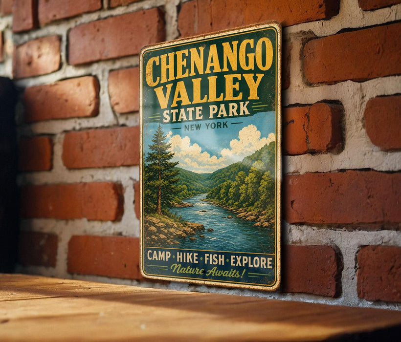 A vintage-style metal sign for Chenango Valley State Park, featuring a scenic landscape with a river and mountains, mounted on a brick wall.
