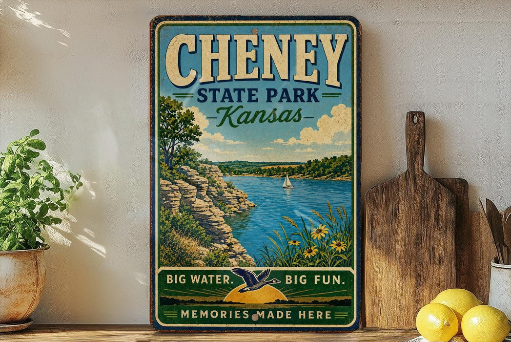 A vintage-style sign for Cheney State Park in Kansas, featuring a scenic landscape with a lake, mountains, and a sailboat.