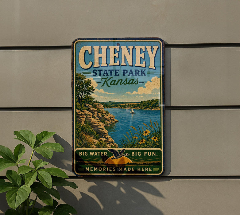 A vintage-style metal sign for Cheney State Park in Kansas, featuring a scenic landscape with a lake, mountains, and a sailboat.