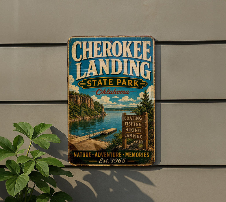 A vintage-style sign for the state park called "Cherokee Landing" in Oklahoma, featuring a scenic image of the park and its surrounding nature.