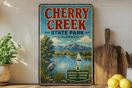 A vintage-style sign for Cherry Creek State Park in Colorado, featuring a scenic landscape with mountains, a lake, and a bird.