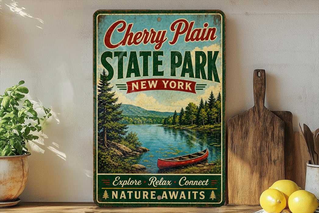 A vintage-style sign for Cherry Plain State Park in New York, featuring a scenic image of a lake with a canoe, surrounded by pine trees and mountains.