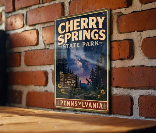 A vintage-style metal sign for Cherry Springs State Park in Pennsylvania, featuring a night sky scene with stars and a castle-like structure.