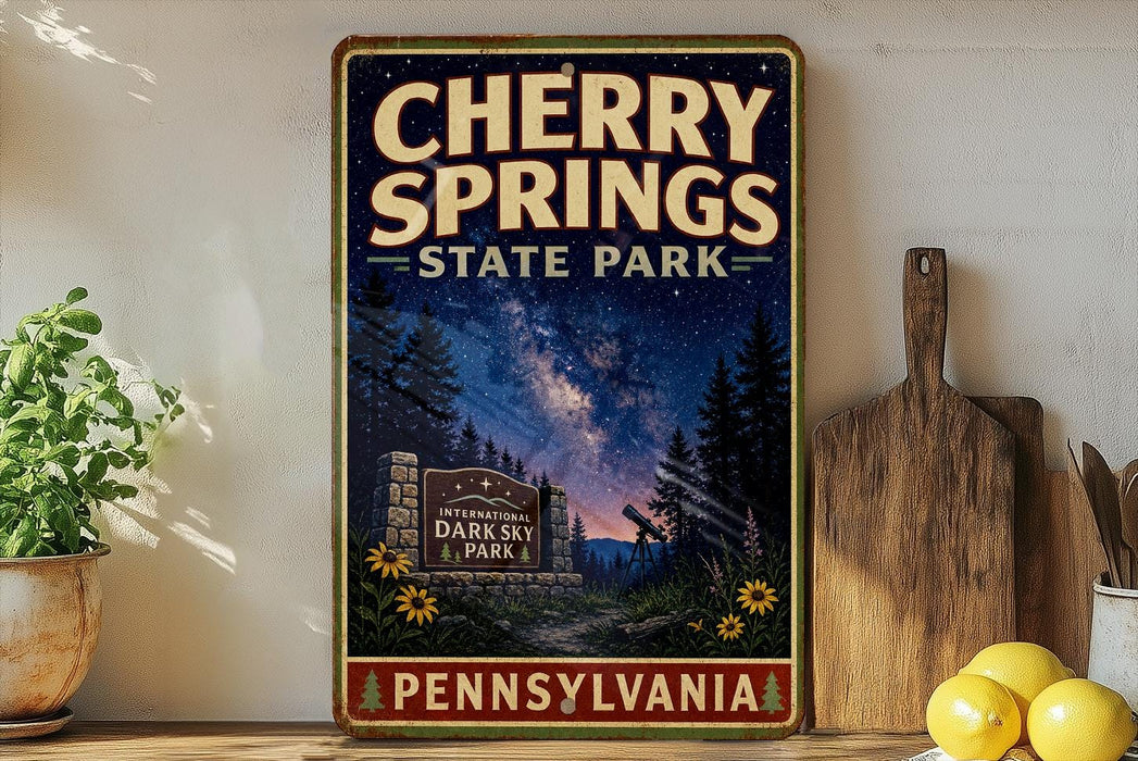 A vintage-style sign for Cherry Springs State Park in Pennsylvania, featuring a night sky scene with stars and a galaxy.