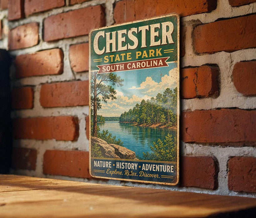 A vintage metal sign for Chester State Park in South Carolina, featuring a scenic landscape with a lake and trees, mounted on a brick wall.
