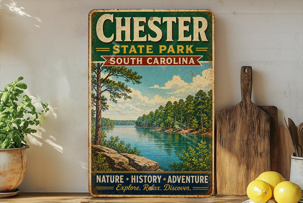 A vintage-style sign for Chester State Park in South Carolina, featuring a scenic image of a lake surrounded by trees and mountains.