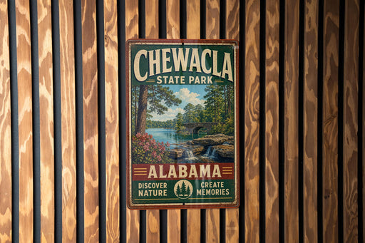 A vintage metal sign for Chewala State Park in Alabama, featuring a scenic landscape with a river, bridge, and trees.