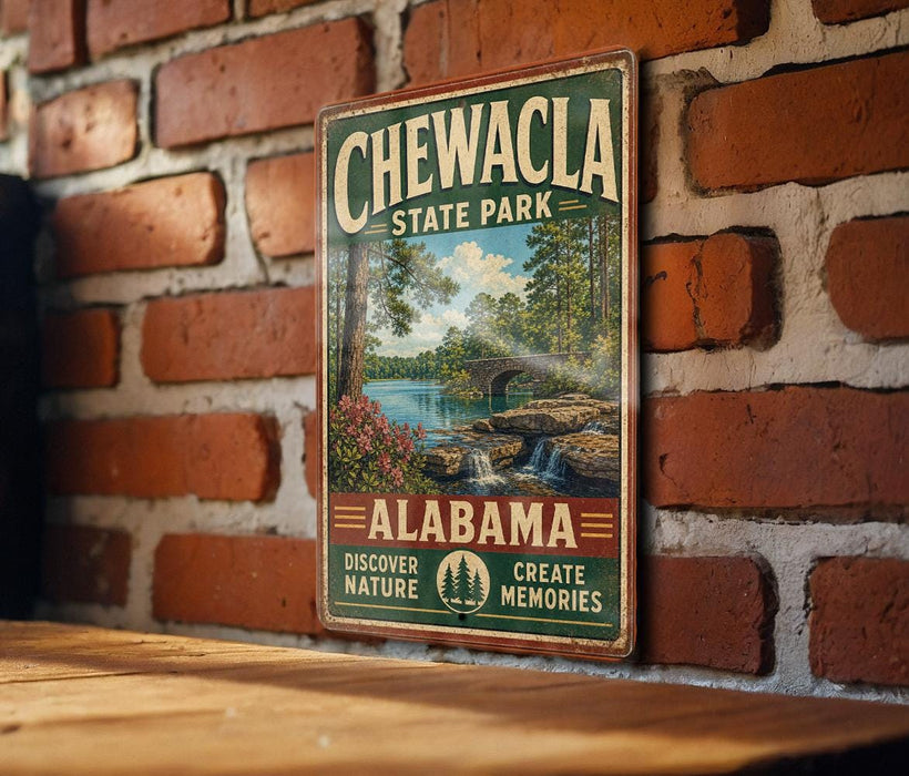 A vintage metal sign for Chewala State Park in Alabama, featuring a scenic landscape with a river, bridge, and trees.