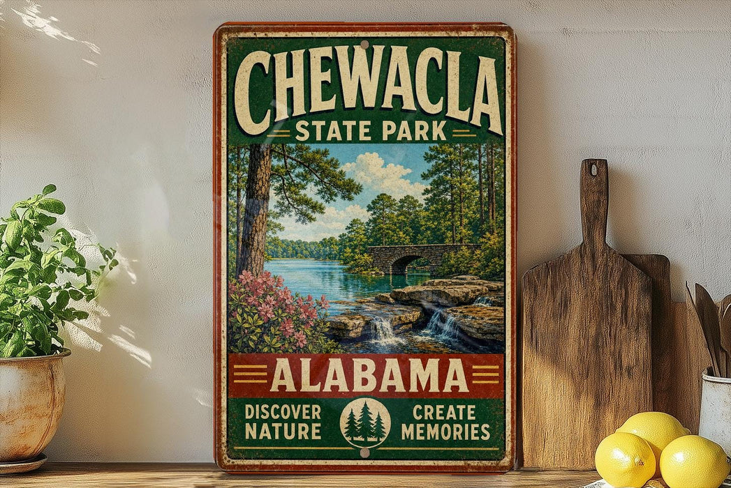 A vintage-style sign for Chewala State Park in Alabama, featuring a scenic landscape with a river, bridge, and trees.