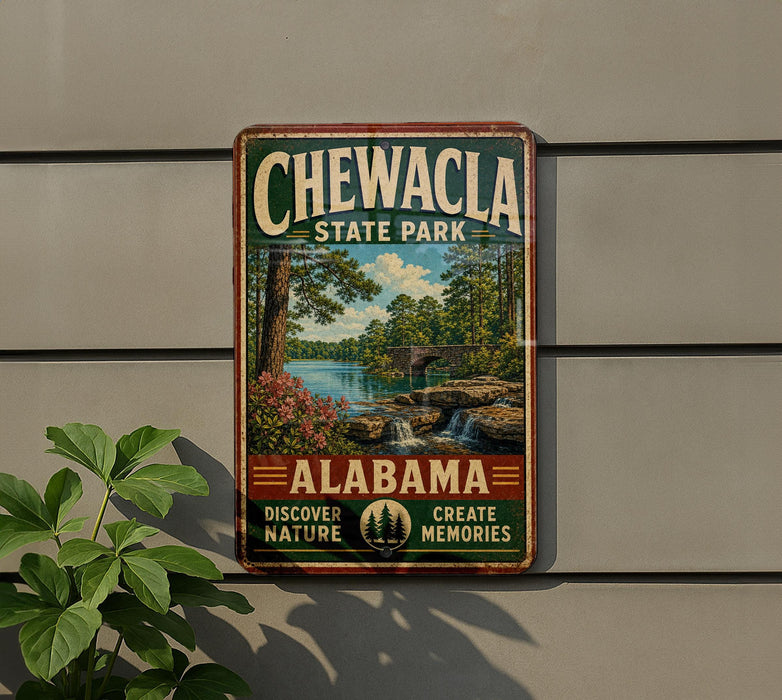 A vintage-style metal sign for Chewala State Park in Alabama, featuring a scenic landscape with a river, trees, and a waterfall.