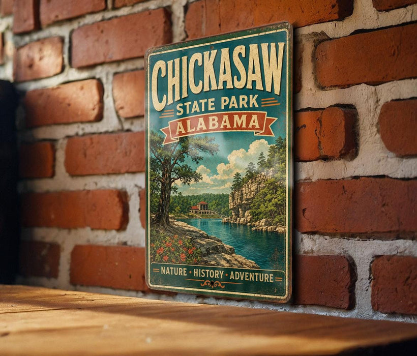A vintage-style metal sign for Chickasaw State Park in Alabama, featuring a scenic landscape with a river, trees, and a building.