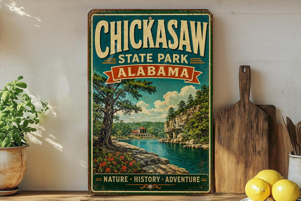 A vintage-style sign for Chickasaw State Park in Alabama, featuring a scenic landscape with a river, trees, and a house.
