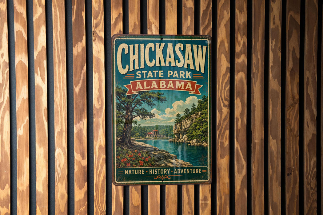 A vintage metal sign for Chickasaw State Park in Alabama, featuring a scenic illustration of a river, trees, and a bridge.
