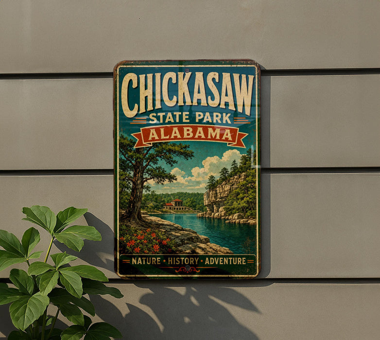 A vintage metal sign for Chickasaw State Park in Alabama, featuring a scenic landscape with a river, trees, and a cabin.