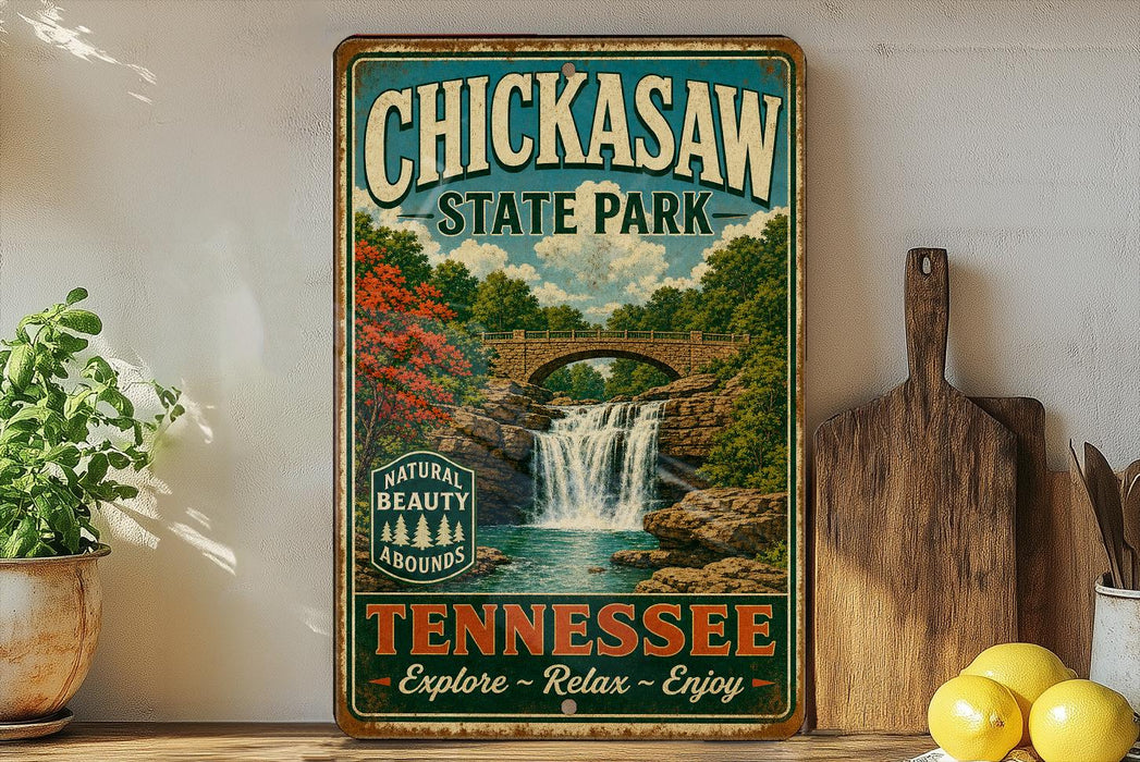 A vintage-style sign for Chickasaw State Park in Tennessee, featuring a scenic image of a waterfall surrounded by lush greenery.