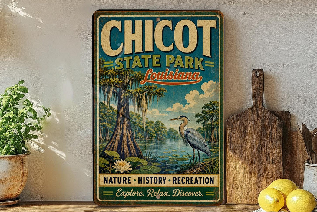 A vintage-style sign for Chicot State Park in Louisiana, featuring a serene image of a bird standing in a pond surrounded by lush greenery.