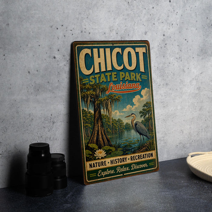 A vintage-style metal sign for Chicot State Park in Louisiana, featuring an illustration of a bird and a lush, natural landscape.
