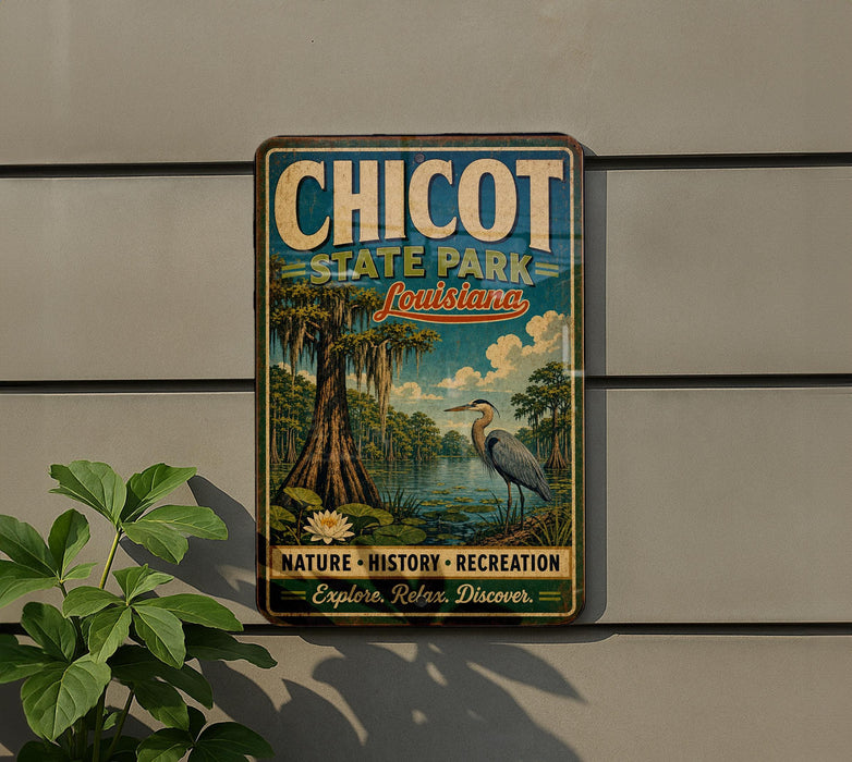 A vintage-style metal sign for Chico State Park in Louisiana, featuring a lush green landscape with a tall tree, a bird, and a body of water.