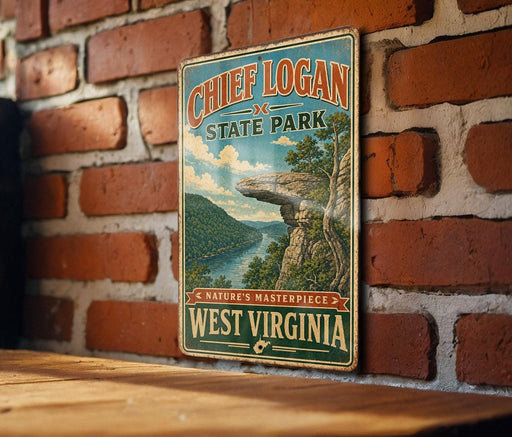 A vintage-style sign for Chief Logan State Park, featuring a scenic landscape with a river and mountains, mounted on a brick wall.