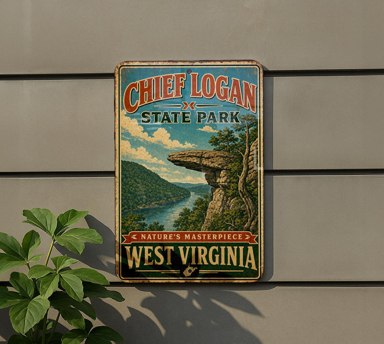 A vintage-style metal sign for Chief Logan State Park, featuring a scenic landscape with a cliff and river.
