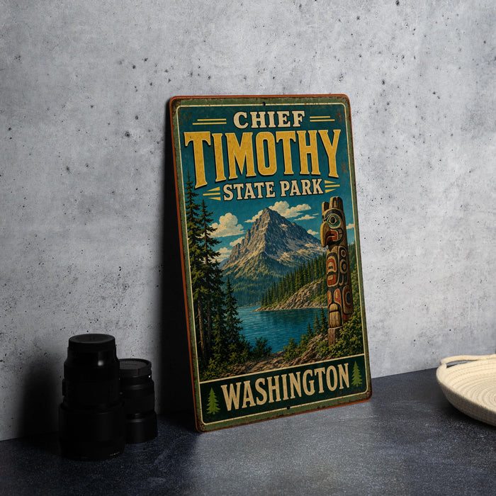 A vintage-style metal sign for Chief Timothy State Park in Washington, featuring a mountain landscape and a Native American-style canoe.