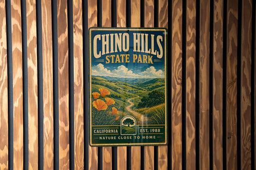 A vintage metal sign for Chinook Hills State Park, featuring a scenic landscape with hills, trees, and a winding road.