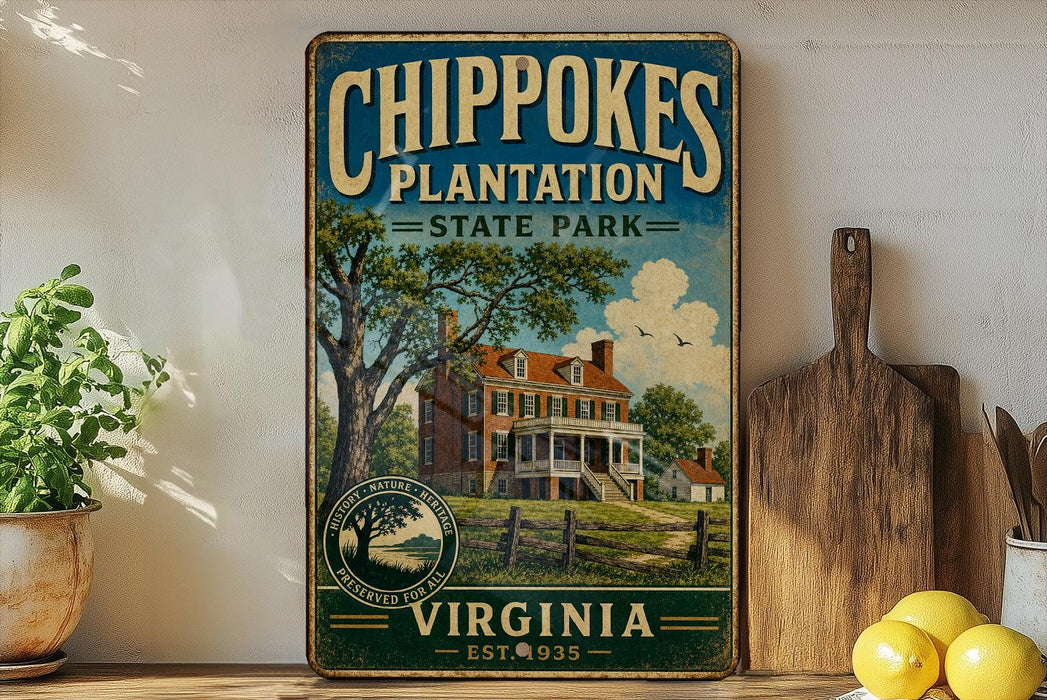 A vintage-style sign for Chipokes Plantation State Park in Virginia, featuring a large illustration of a historic house surrounded by trees and a wooden fence.