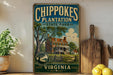 A vintage-style sign for Chipokes Plantation State Park in Virginia, featuring a large illustration of a historic house surrounded by trees and a wooden fence.