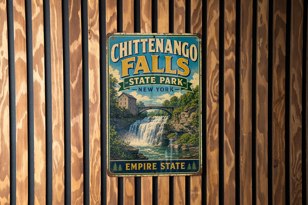 A vintage metal sign for Chittengo Falls State Park in New York, featuring a scenic image of the waterfall surrounded by lush greenery.