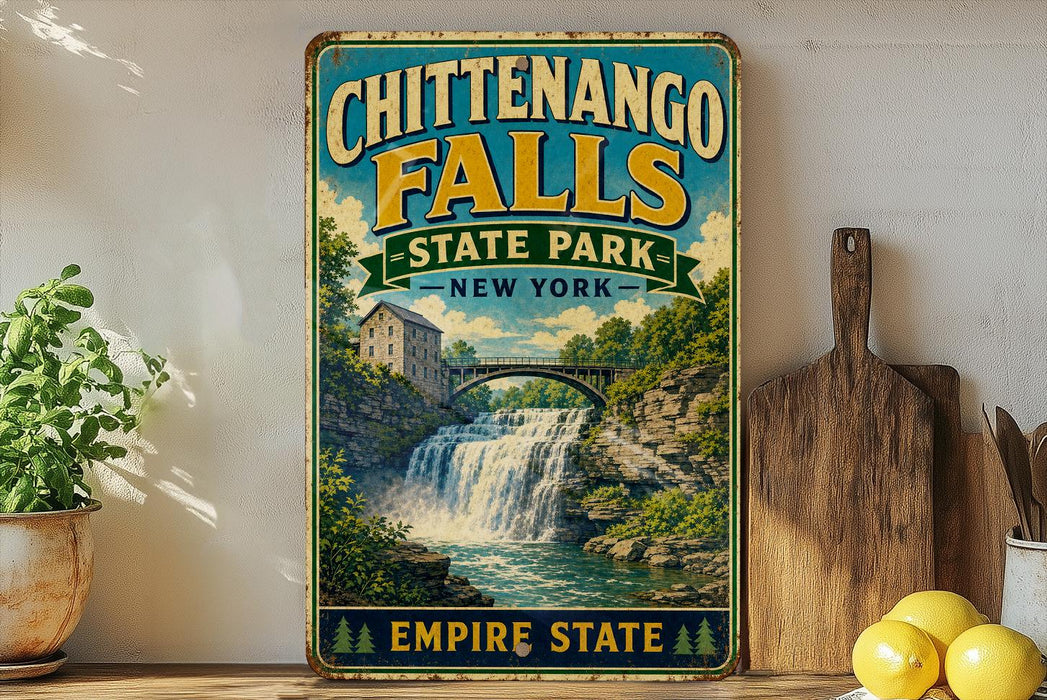 A vintage-style metal sign for Chittengo Falls State Park in New York, featuring a scenic image of the waterfall surrounded by lush greenery.