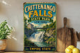 A vintage-style metal sign for Chittengo Falls State Park in New York, featuring a scenic image of the waterfall surrounded by lush greenery.