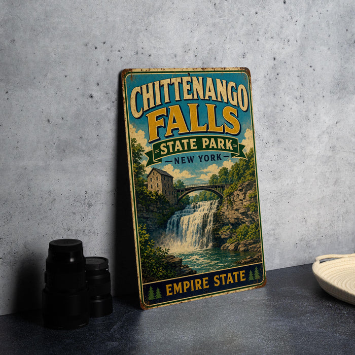 A vintage metal sign for Chittengo Falls State Park in New York, featuring a scenic image of the waterfall and surrounding landscape.