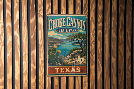 A vintage-style metal sign for Choke Canyon State Park in Texas, featuring a scenic landscape with a lake, mountains, and cacti.