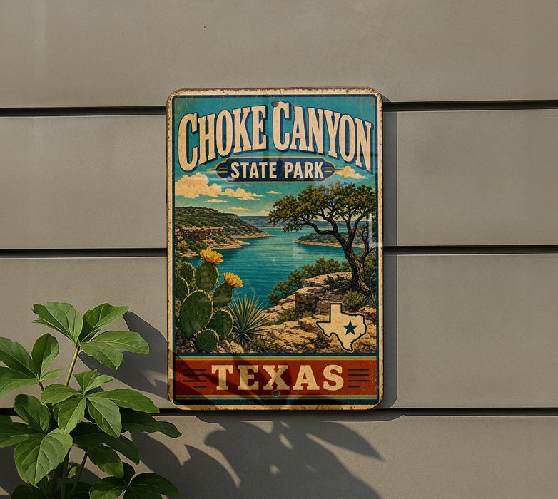 A vintage-style metal sign for Choke Canyon State Park in Texas, featuring a scenic landscape with cacti, mountains, and a lake.