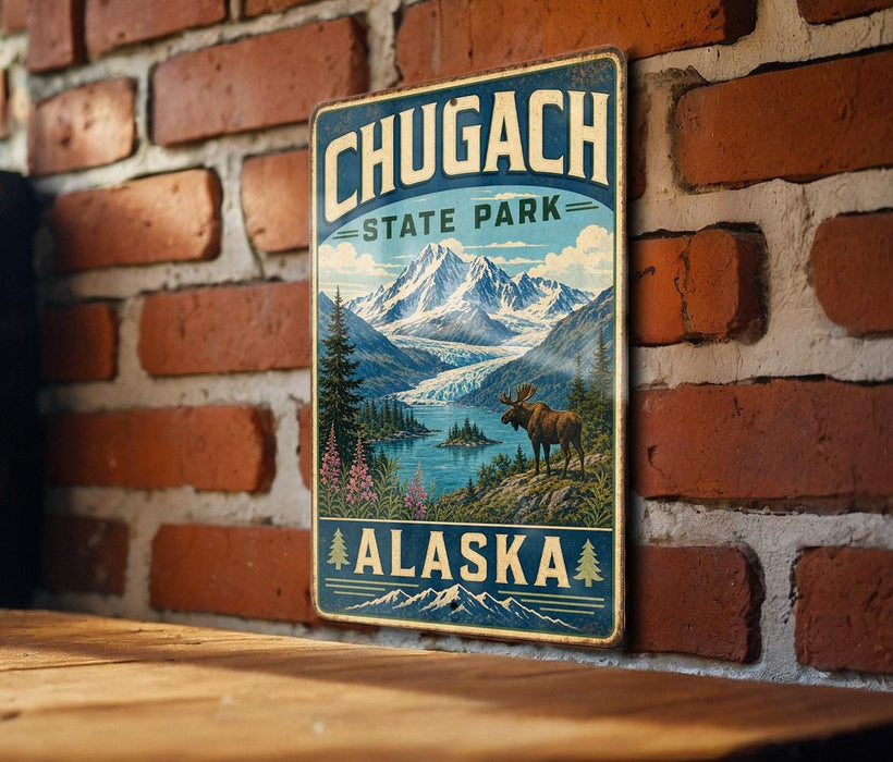 A vintage metal sign for Chugach State Park in Alaska, featuring a mountain landscape with a moose in the foreground.