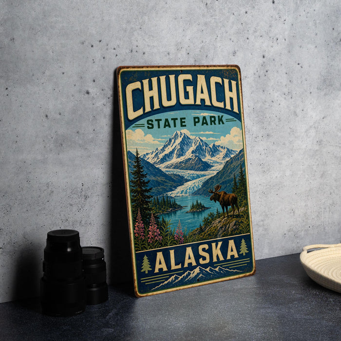 A vintage metal sign for Chugach State Park in Alaska, featuring a scenic mountain landscape with a moose in the foreground.