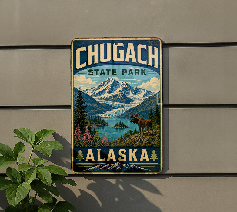 A vintage metal sign for Chugach State Park in Alaska, featuring a scenic mountain landscape with a moose and pine trees.