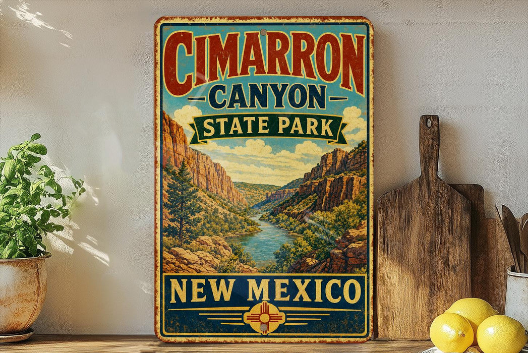 A vintage-style metal sign for Cimarron Canyon State Park in New Mexico, featuring a scenic illustration of the canyon landscape.