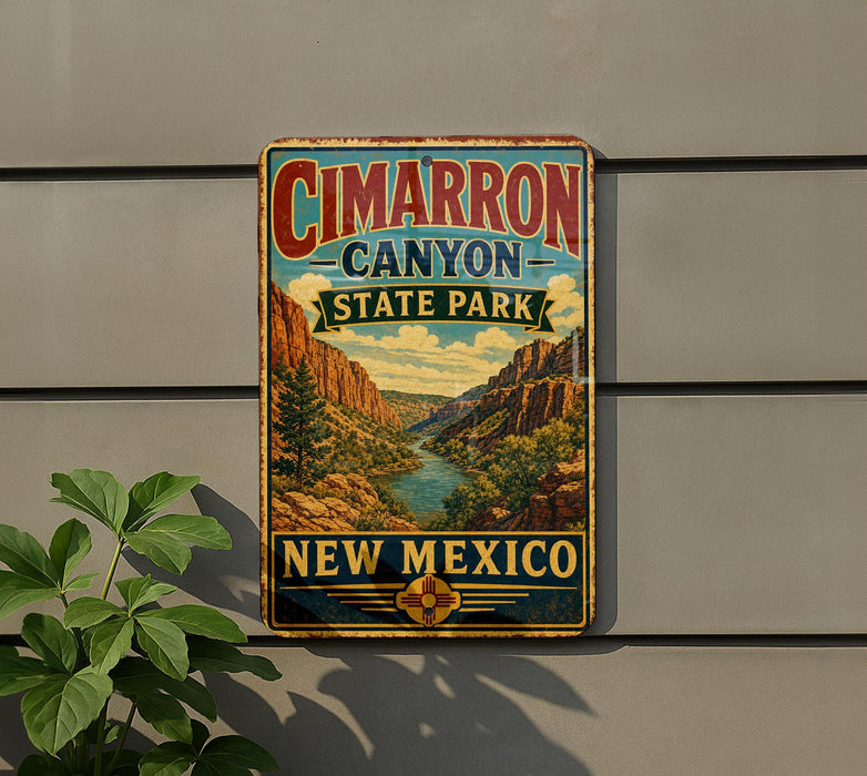 A vintage-style metal sign for Cimarro Canyon State Park in New Mexico, featuring a scenic landscape with mountains, a river, and a desert backdrop.