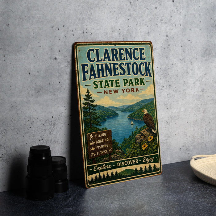 A vintage-style metal sign for Clarence Fahnestock State Park in New York, featuring a scenic landscape with a lake, mountains, and an eagle.