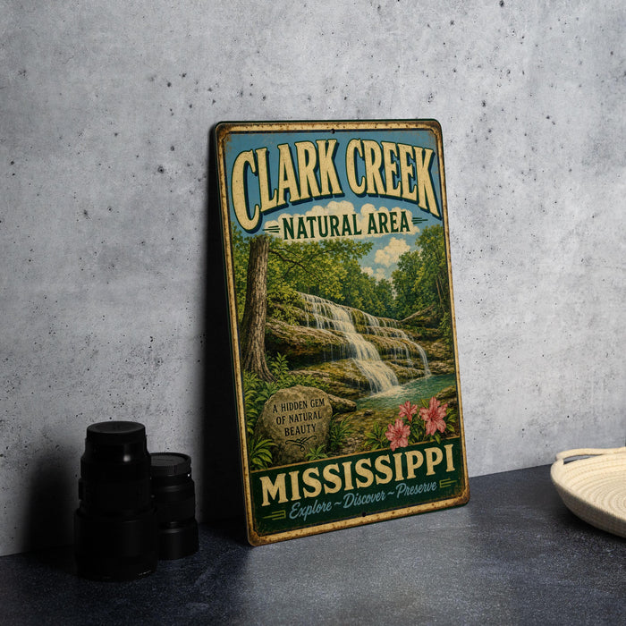 A vintage-style metal sign for Clark Creek Natural Area in Mississippi, featuring a waterfall and lush greenery.