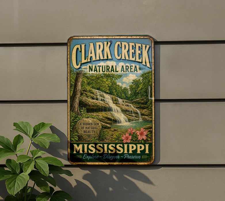 A vintage-style metal sign for Clark Creek Natural Area in Mississippi, featuring a waterfall and lush greenery.