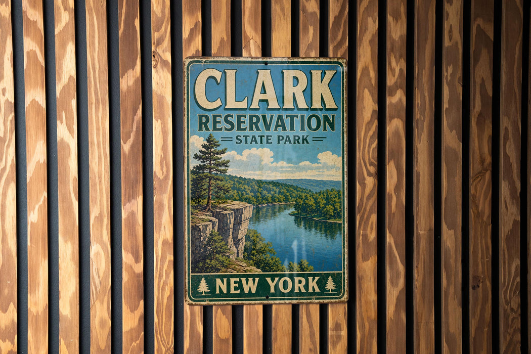 A vintage metal sign for Clark Reservation State Park in New York, featuring a scenic landscape with a lake and mountains.