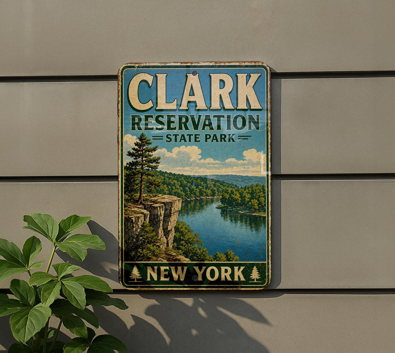 A vintage metal sign for Clark Reservation State Park in New York, featuring a scenic landscape with a river, cliffs, and pine trees.